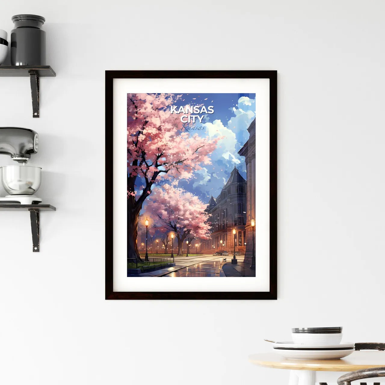 Kansas City, Kansas, A Poster of a street with pink trees and buildings Default Title