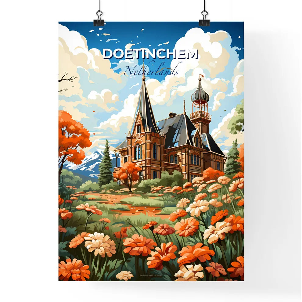 Doetinchem, Netherlands, A Poster of a painting of a castle with orange flowers Default Title