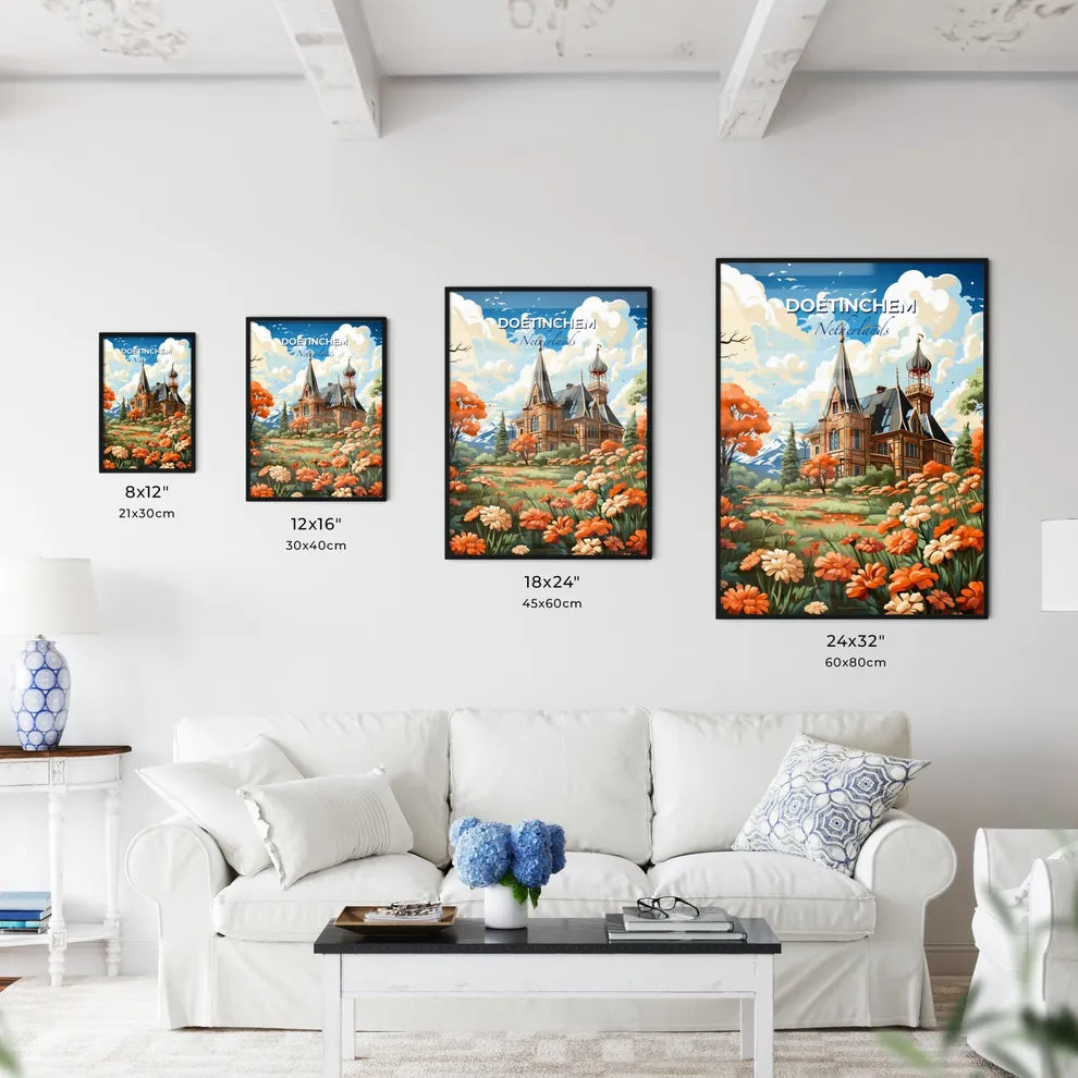 Doetinchem, Netherlands, A Poster of a painting of a castle with orange flowers Default Title
