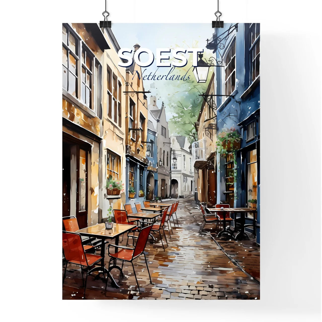 Soest, Netherlands, A Poster of a street with tables and chairs in a city Default Title