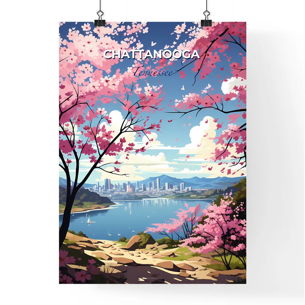 Chattanooga, Tennessee, A Poster of a pink flowers on trees next to a body of water Default Title