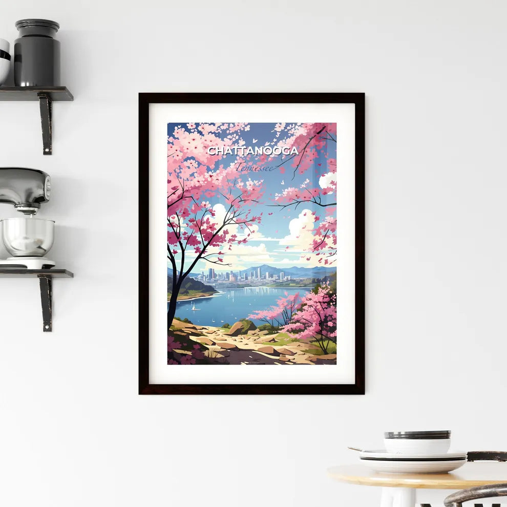Chattanooga, Tennessee, A Poster of a pink flowers on trees next to a body of water Default Title