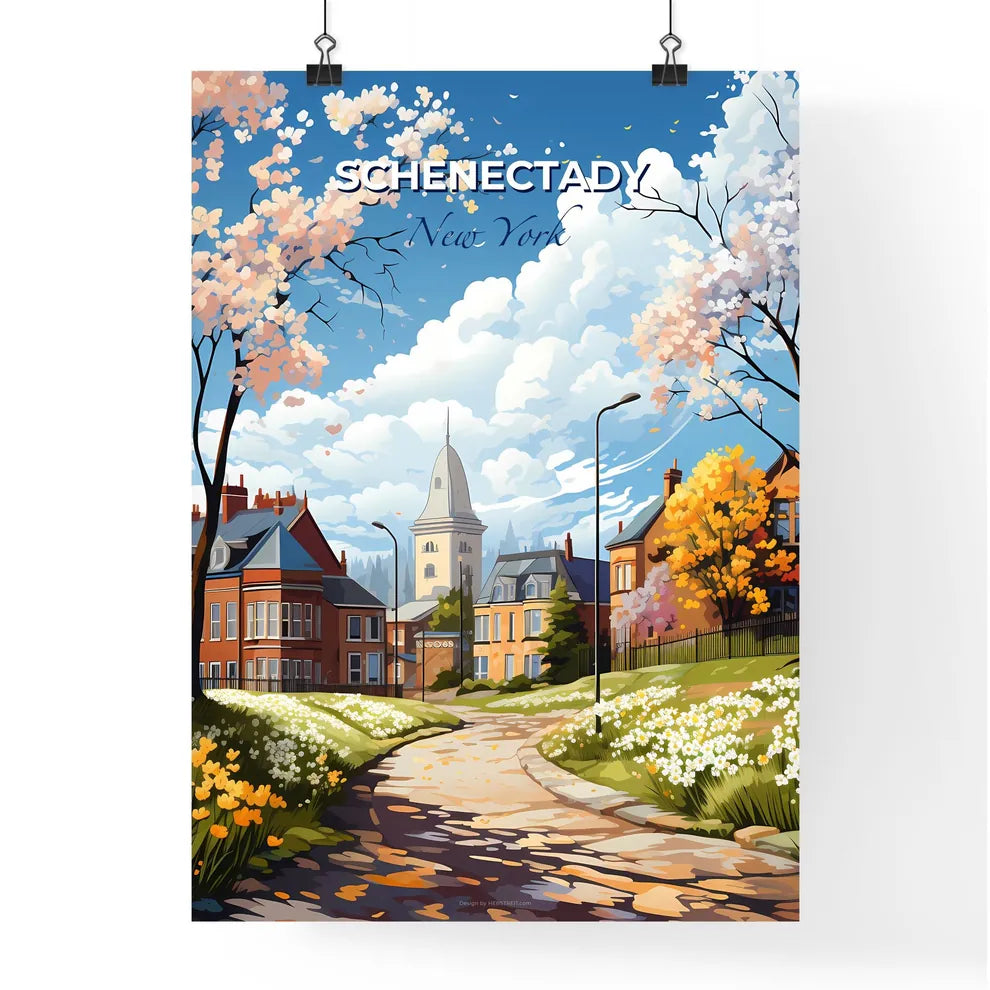 Schenectady, New York, A Poster of a road with flowers and trees in front of a building Default Title