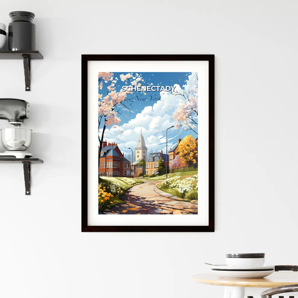 Schenectady, New York, A Poster of a road with flowers and trees in front of a building Default Title