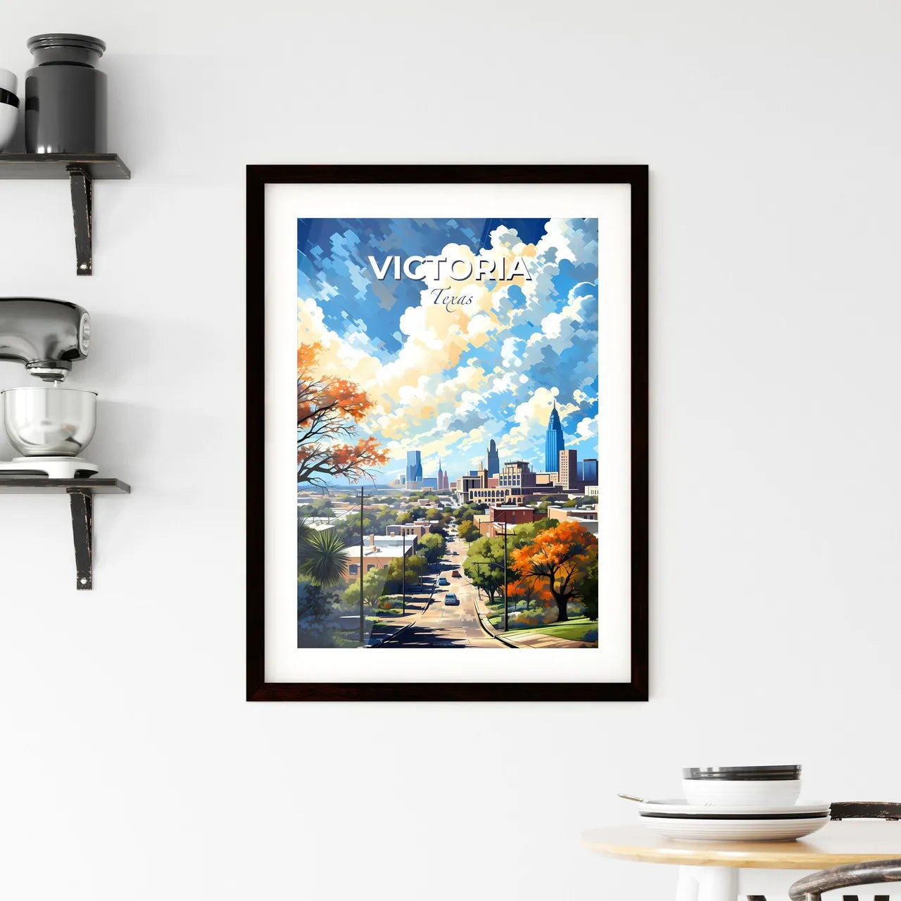 Victoria, Texas, A Poster of a city with trees and clouds Default Title