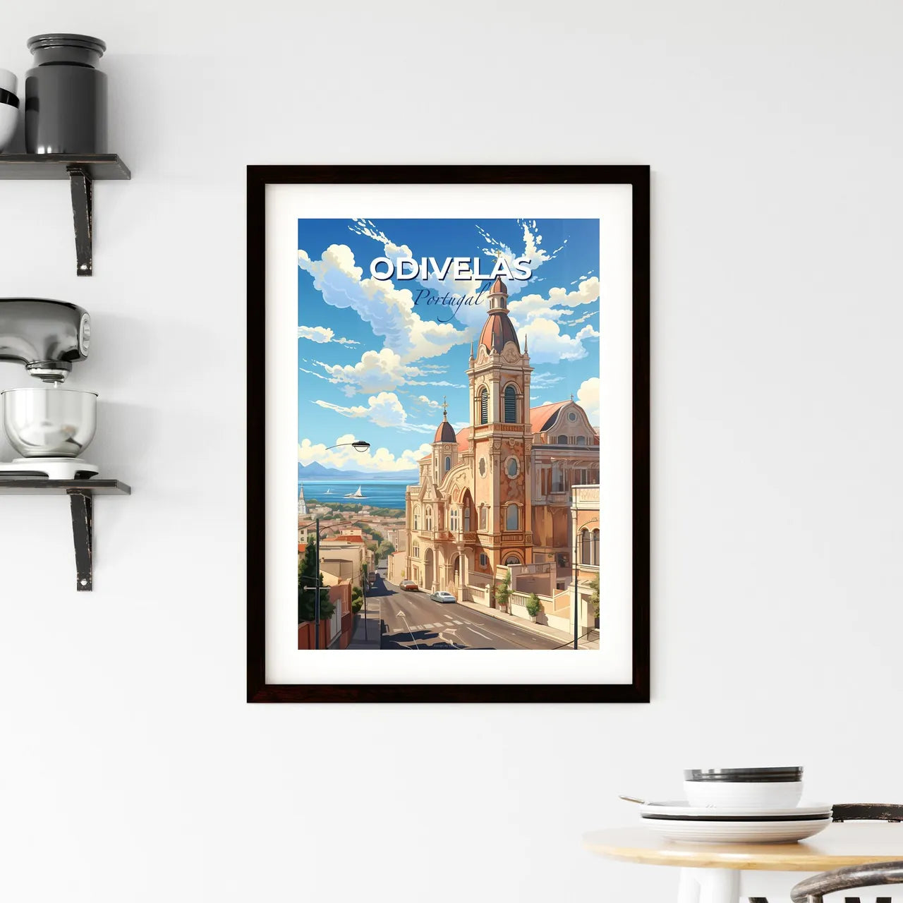 Odivelas, Portugal, A Poster of a large building with a steeple and a street with a body of water in the background Default Title