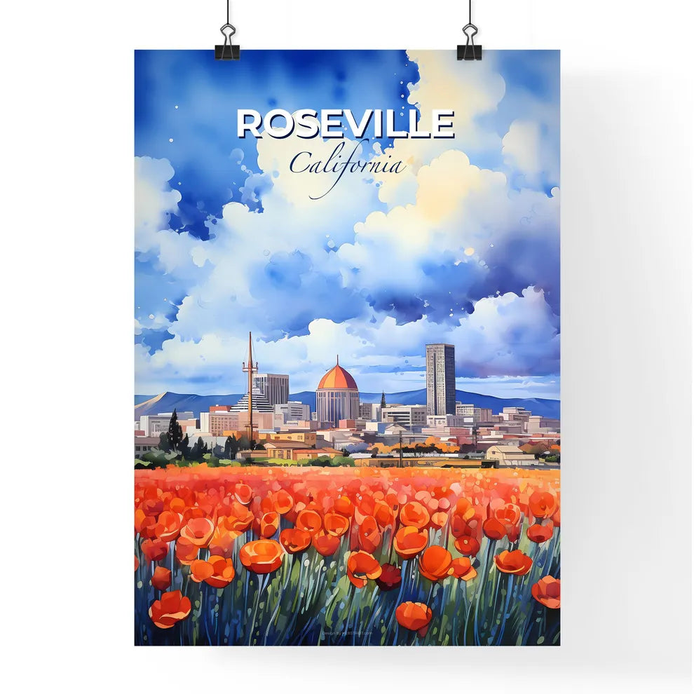 Roseville, California, A Poster of a field of red flowers with a city in the background Default Title