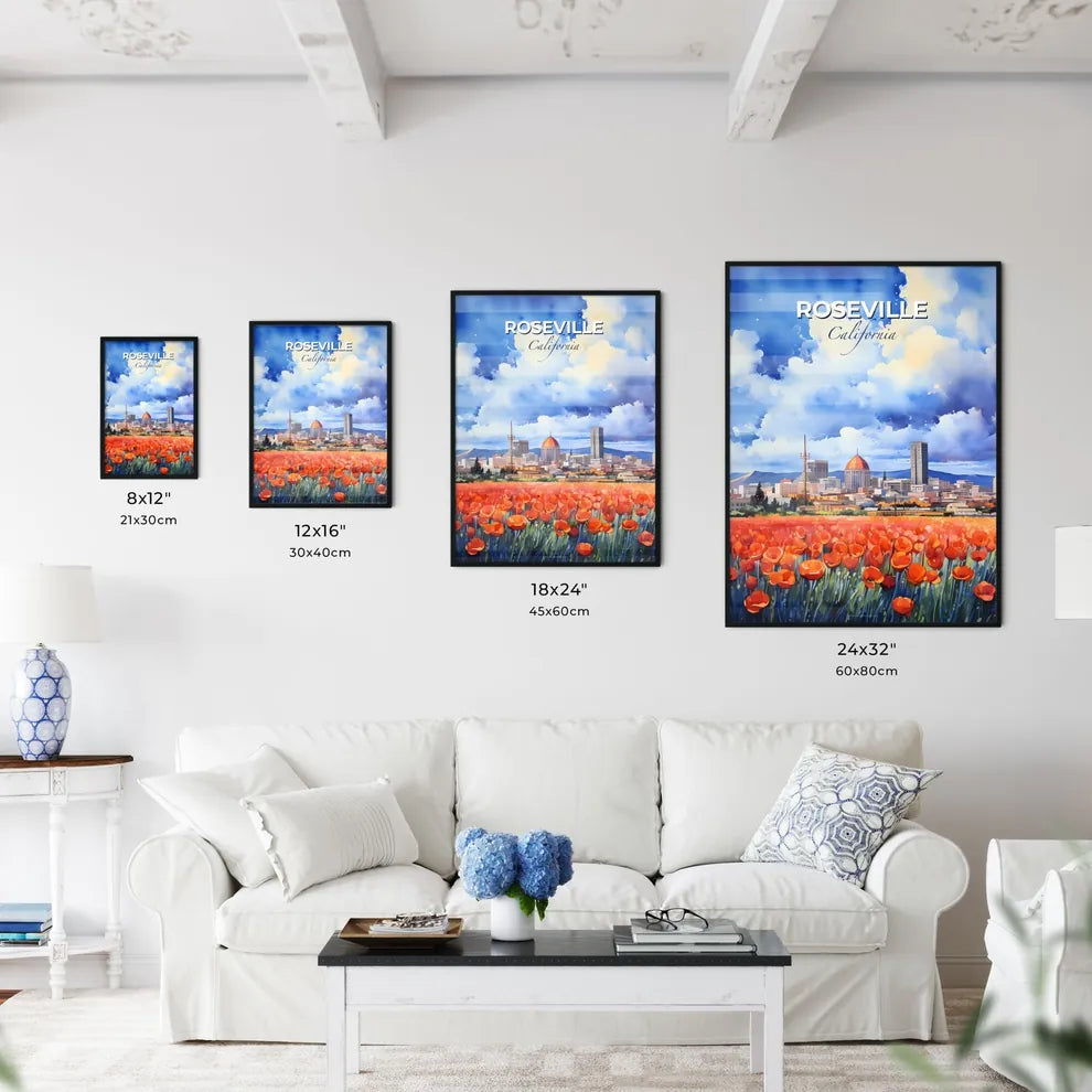Roseville, California, A Poster of a field of red flowers with a city in the background Default Title