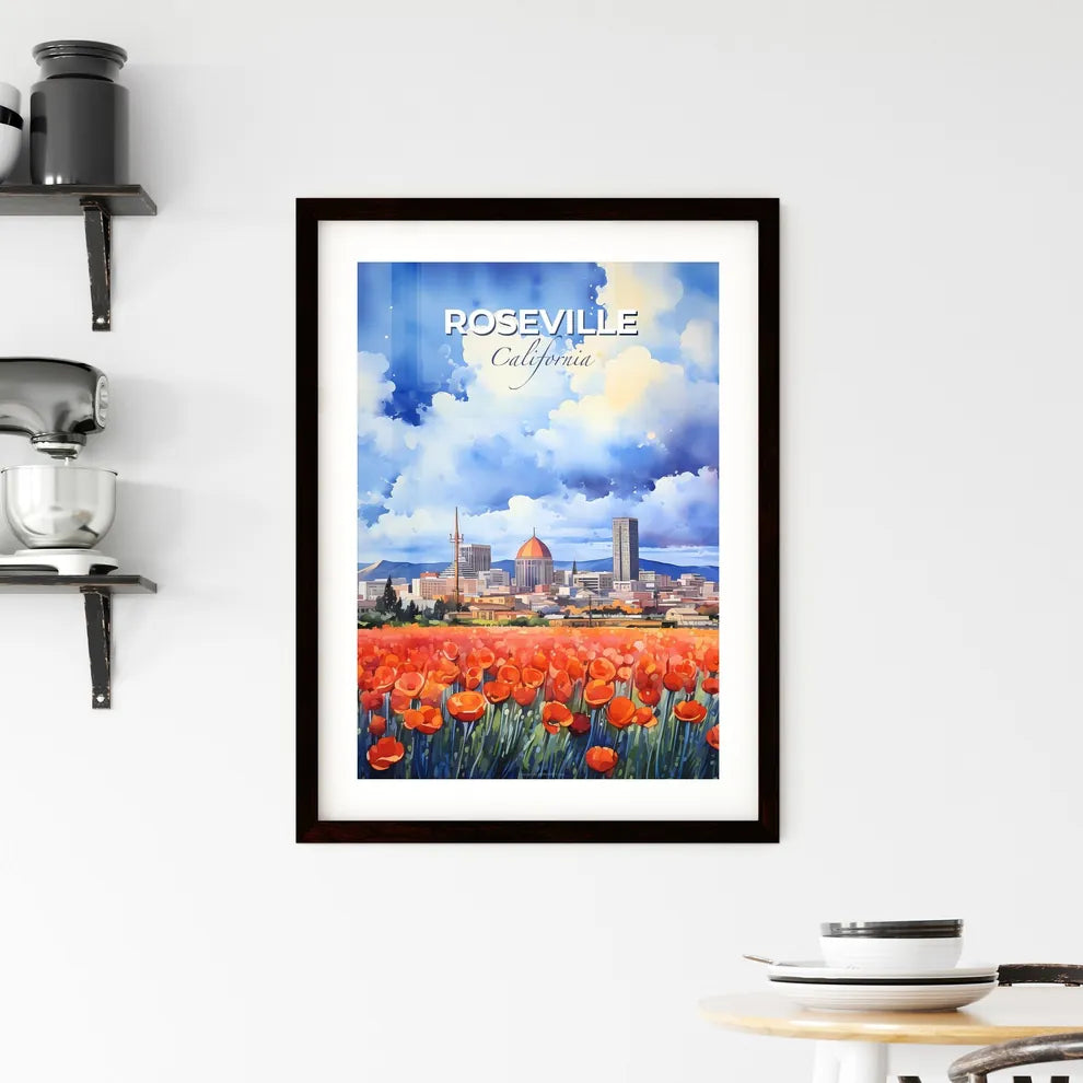 Roseville, California, A Poster of a field of red flowers with a city in the background Default Title