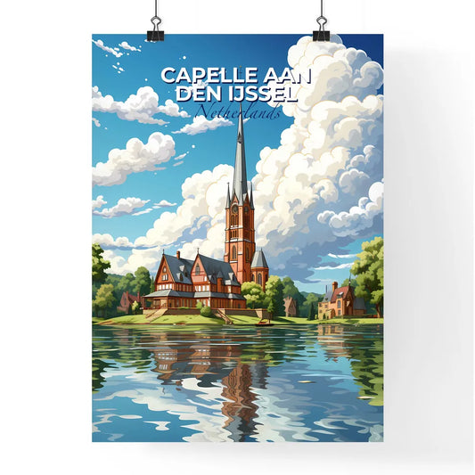 Capelle Aan Den Ijssel, Netherlands, A Poster of a church with a tower and a lake Default Title
