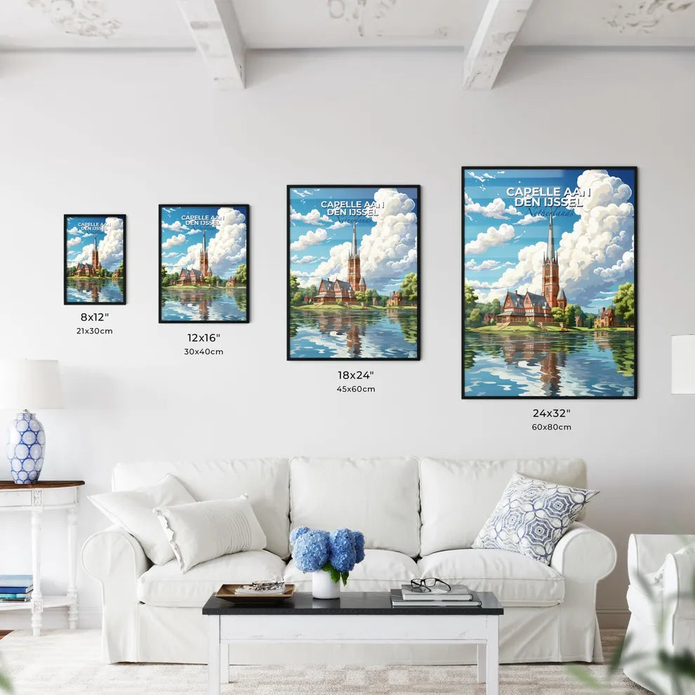 Capelle Aan Den Ijssel, Netherlands, A Poster of a church with a tower and a lake Default Title