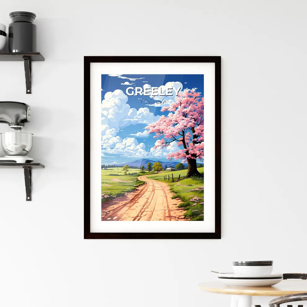 Greeley, Colorado, A Poster of a road with pink flowers and a tree Default Title