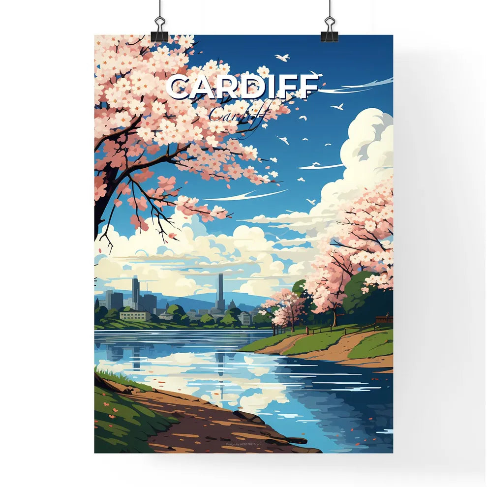 Cardiff, Cardiff, A Poster of a river with pink trees and a city in the background Default Title
