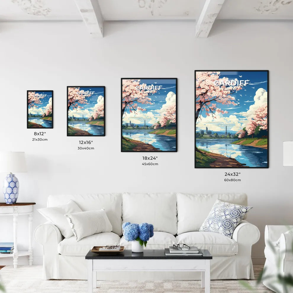 Cardiff, Cardiff, A Poster of a river with pink trees and a city in the background Default Title