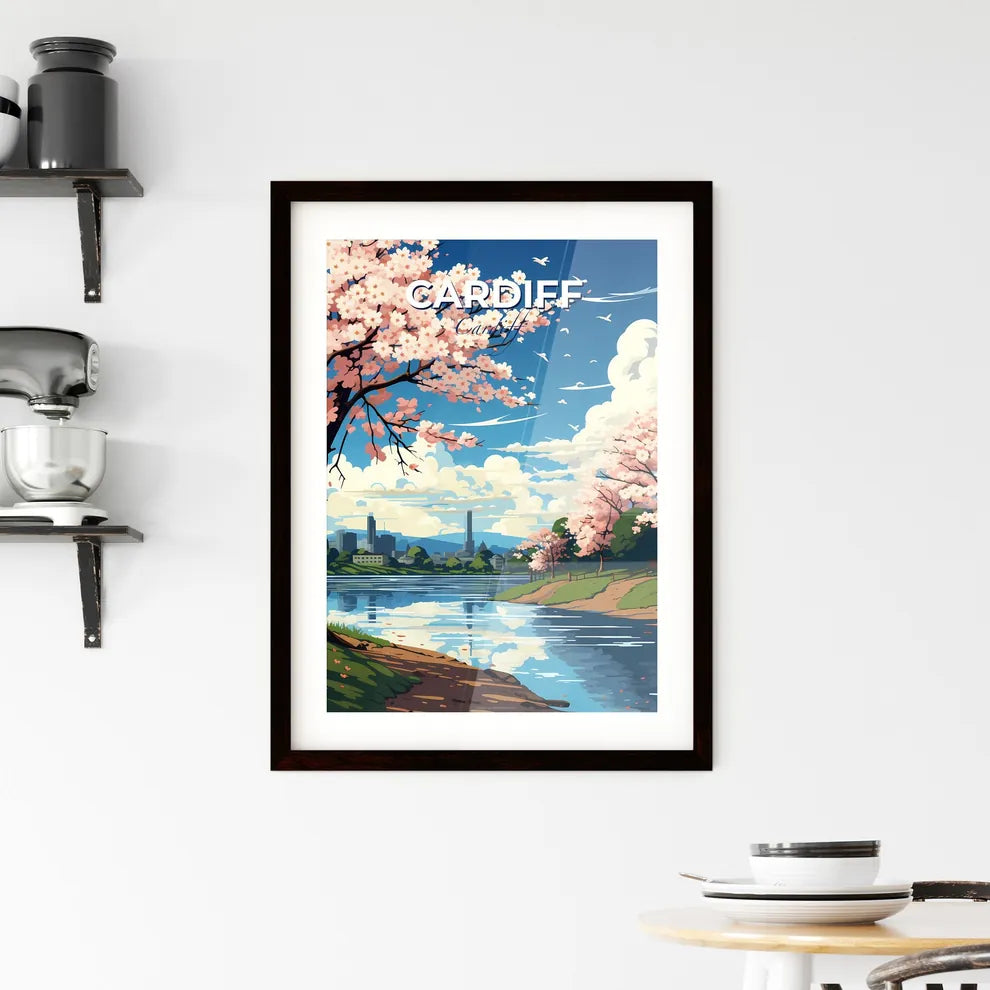 Cardiff, Cardiff, A Poster of a river with pink trees and a city in the background Default Title