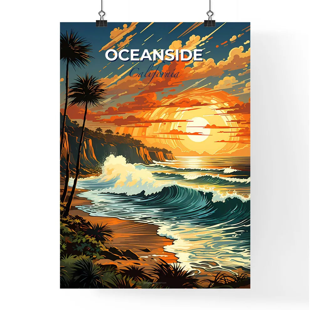 Oceanside, California, A Poster of a beach with waves and palm trees Default Title