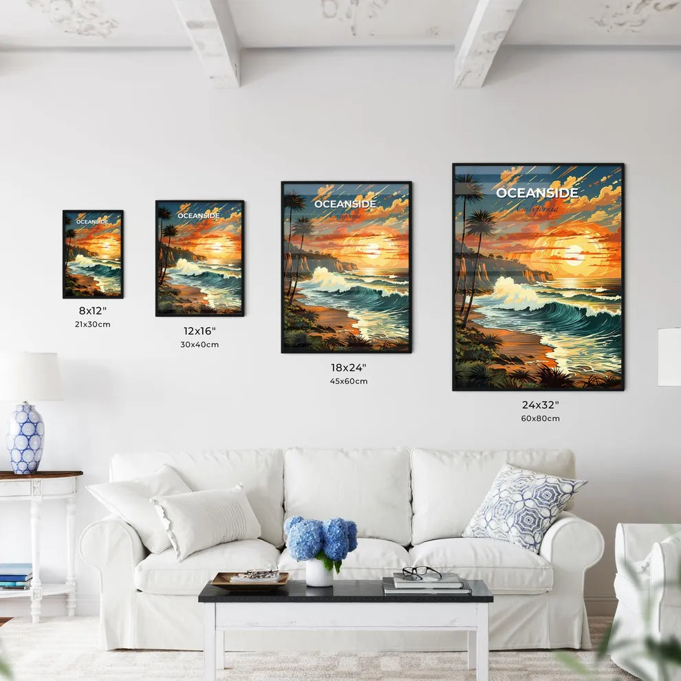 Oceanside, California, A Poster of a beach with waves and palm trees Default Title