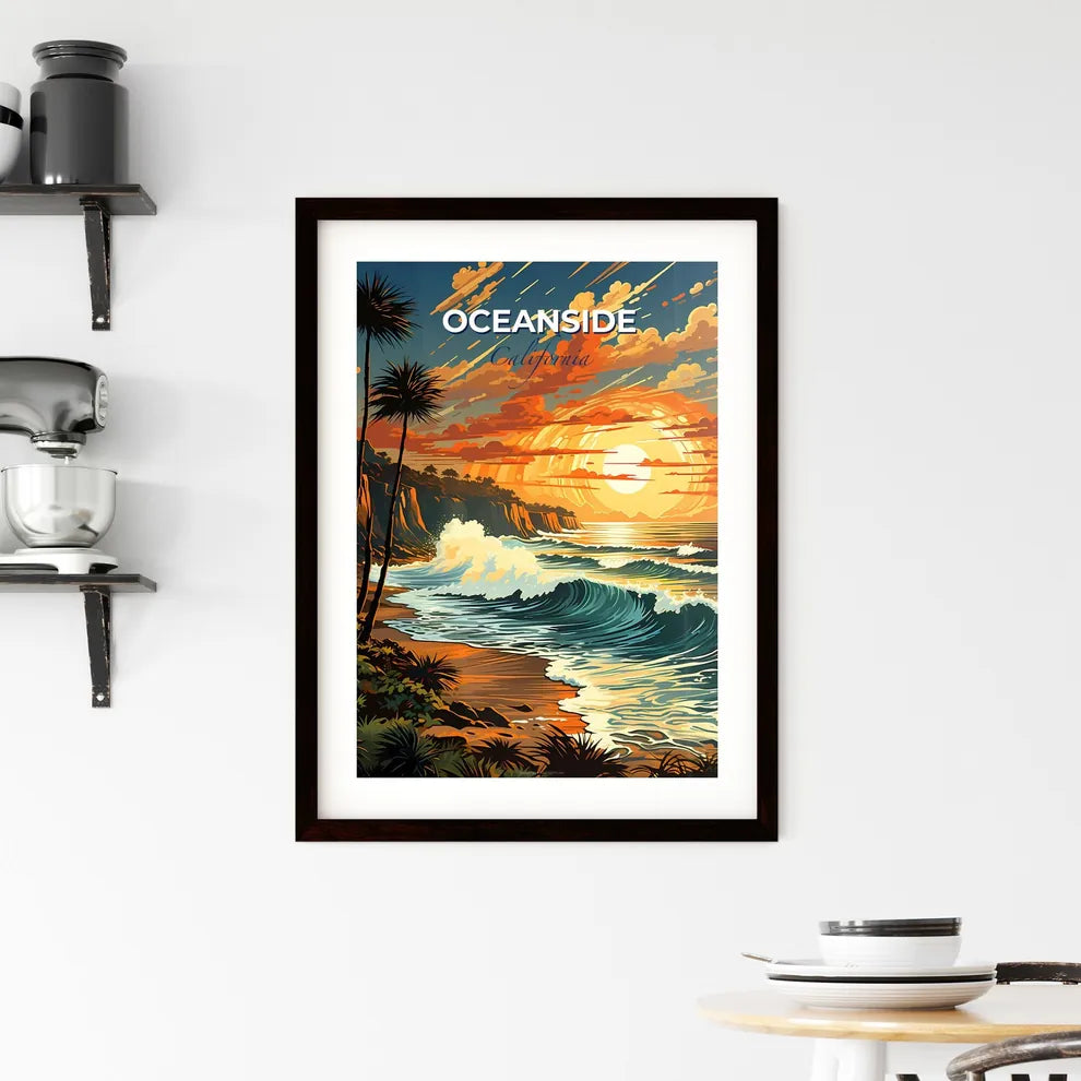Oceanside, California, A Poster of a beach with waves and palm trees Default Title