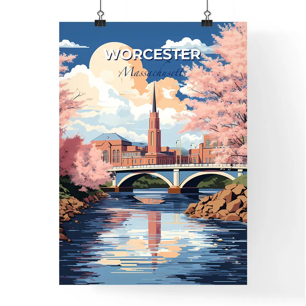 Worcester, Massachusetts, A Poster of a bridge over a river with pink trees and a building Default Title