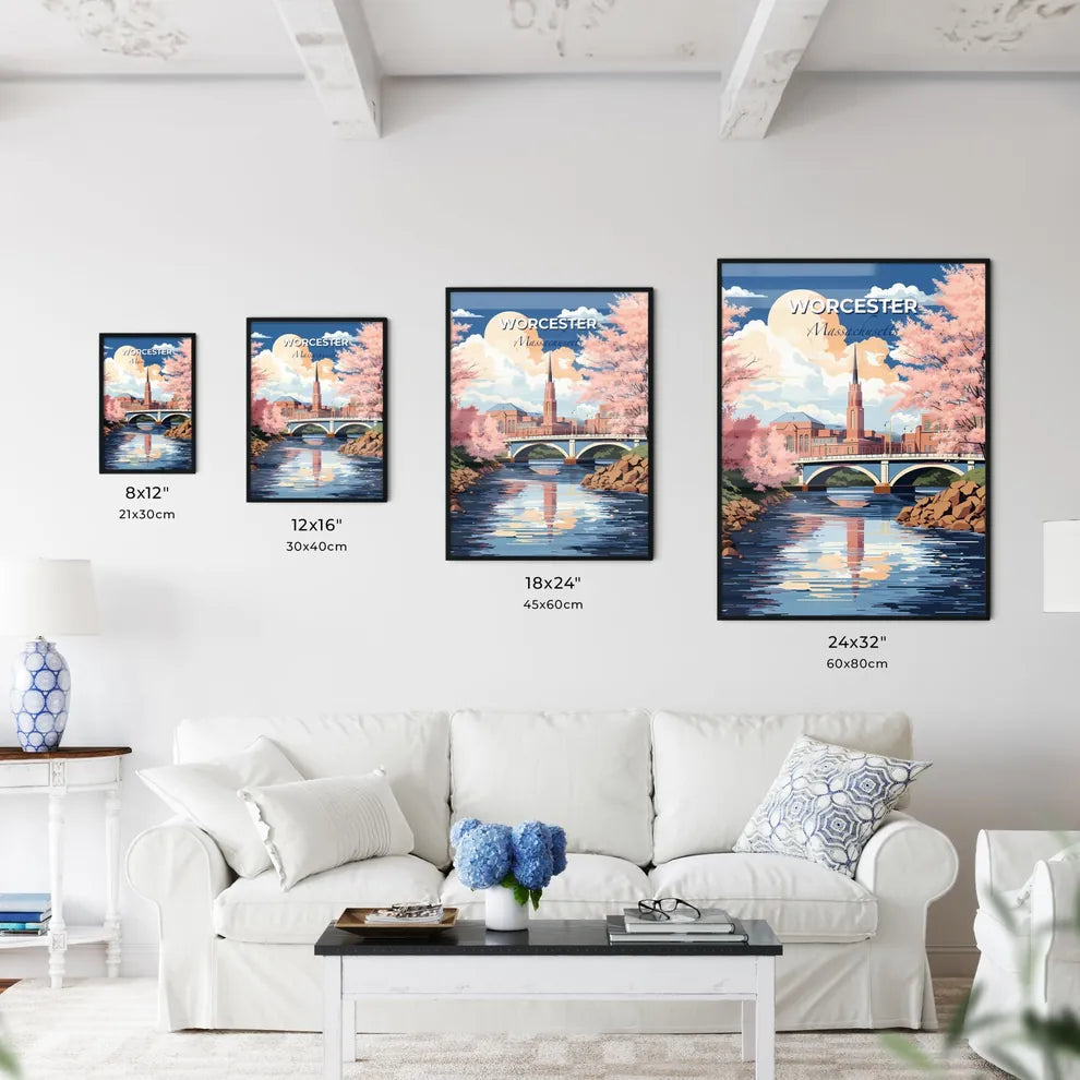 Worcester, Massachusetts, A Poster of a bridge over a river with pink trees and a building Default Title