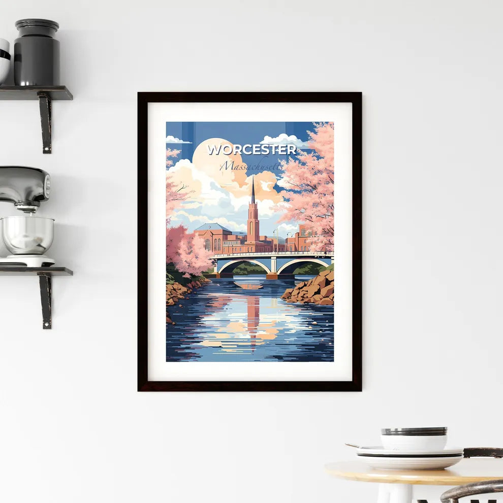 Worcester, Massachusetts, A Poster of a bridge over a river with pink trees and a building Default Title