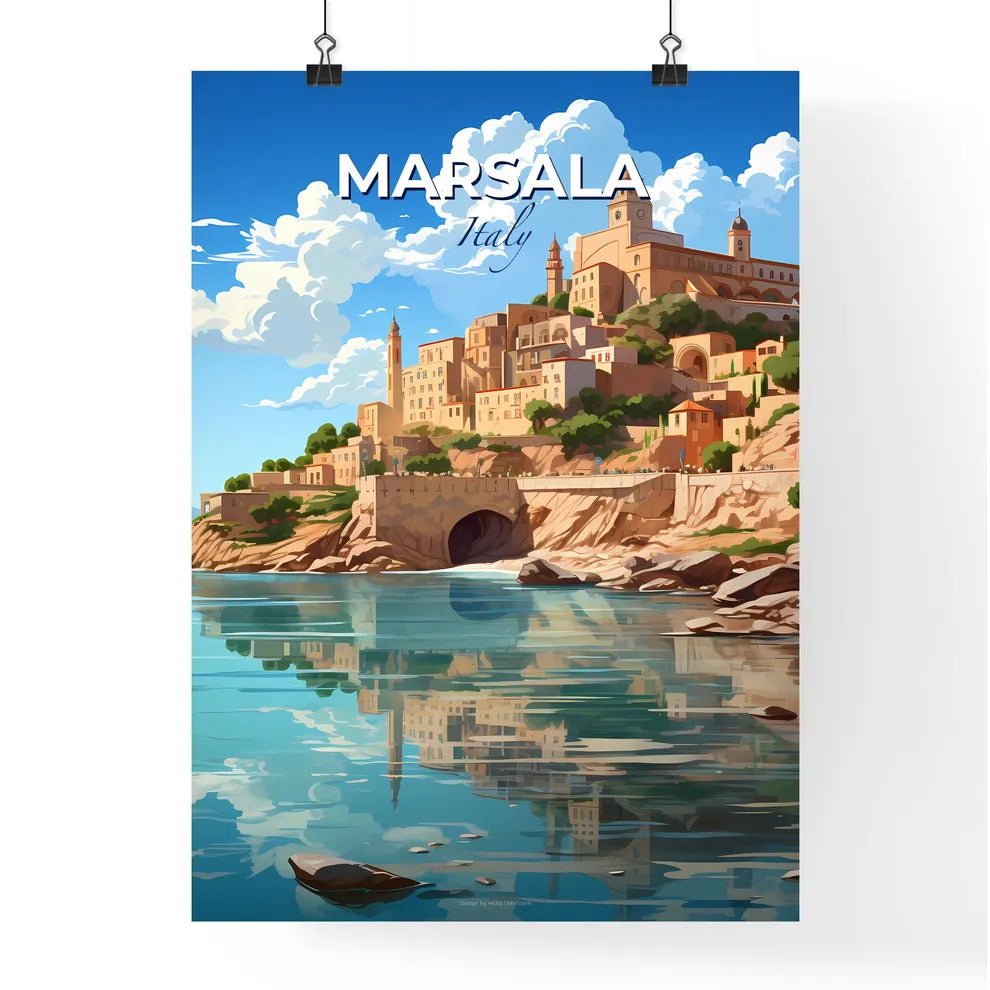 Marsala, Italy, A Poster of a city on a hill with a bridge and a body of water Default Title