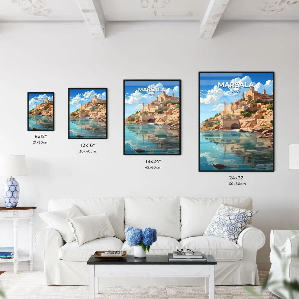 Marsala, Italy, A Poster of a city on a hill with a bridge and a body of water Default Title