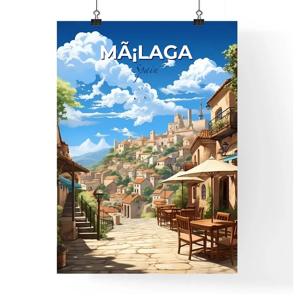 Mã¡Laga, Spain, A Poster of a street with tables and chairs on a hill with buildings and trees Default Title