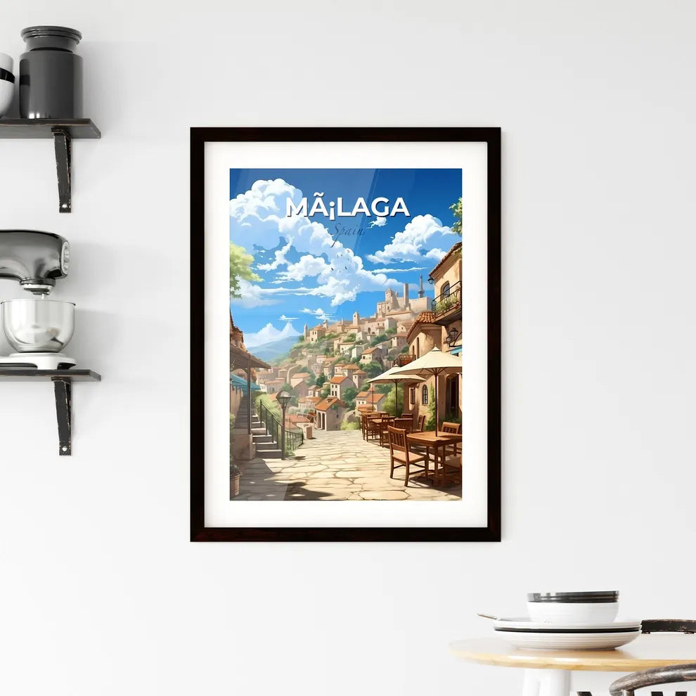 Mã¡Laga, Spain, A Poster of a street with tables and chairs on a hill with buildings and trees Default Title