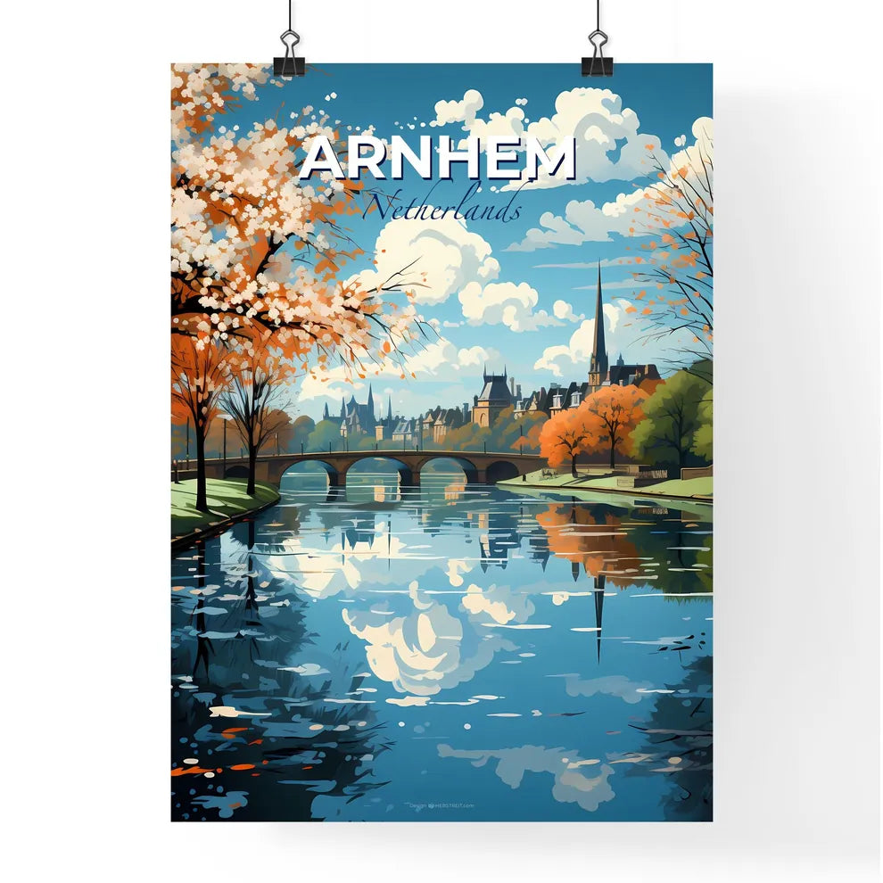 Arnhem, Netherlands, A Poster of a river with a bridge and trees Default Title