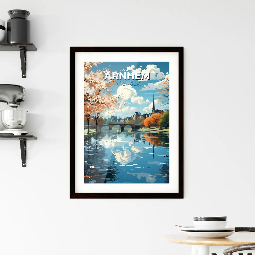 Arnhem, Netherlands, A Poster of a river with a bridge and trees Default Title