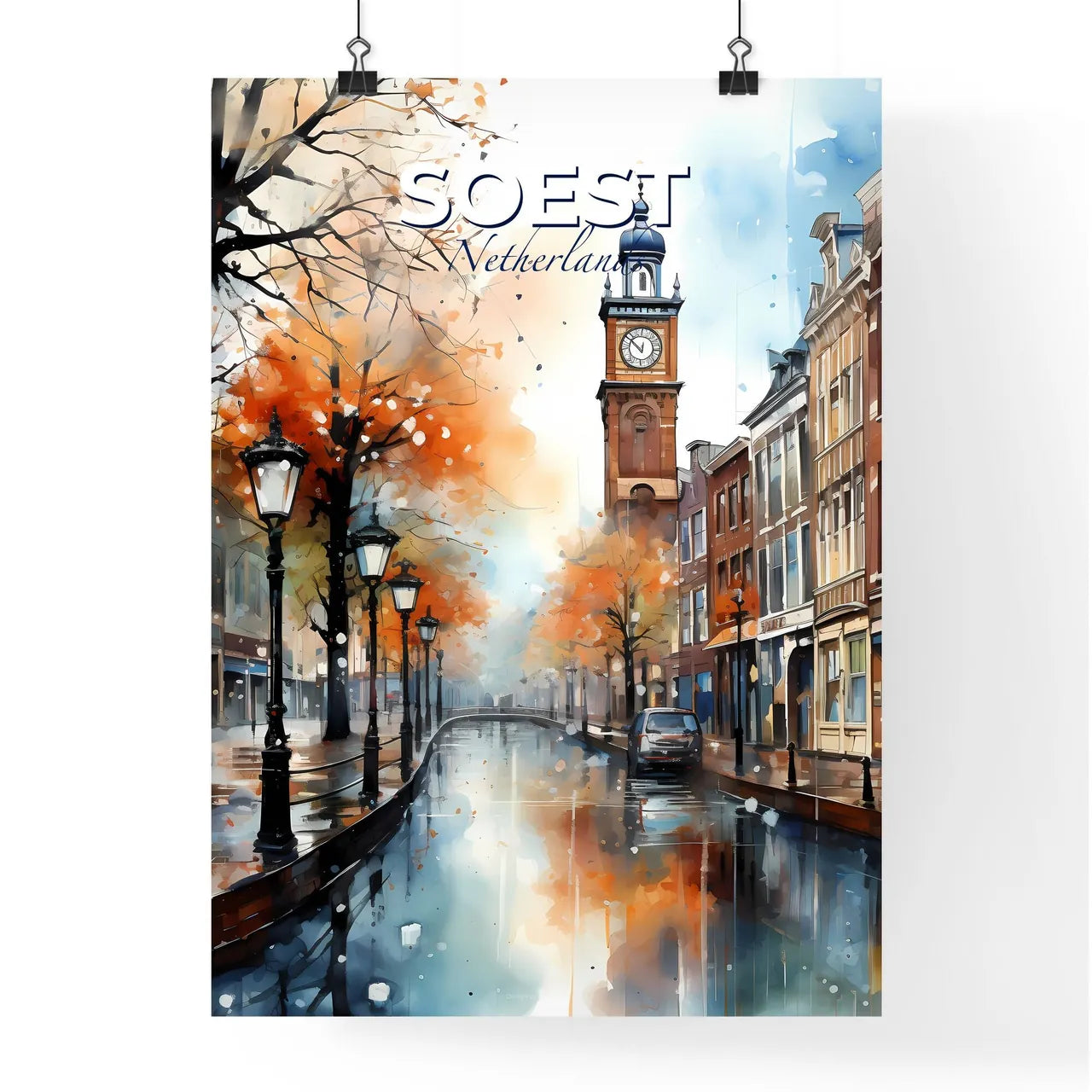 Soest, Netherlands, A Poster of a watercolor painting of a street with a clock tower Default Title
