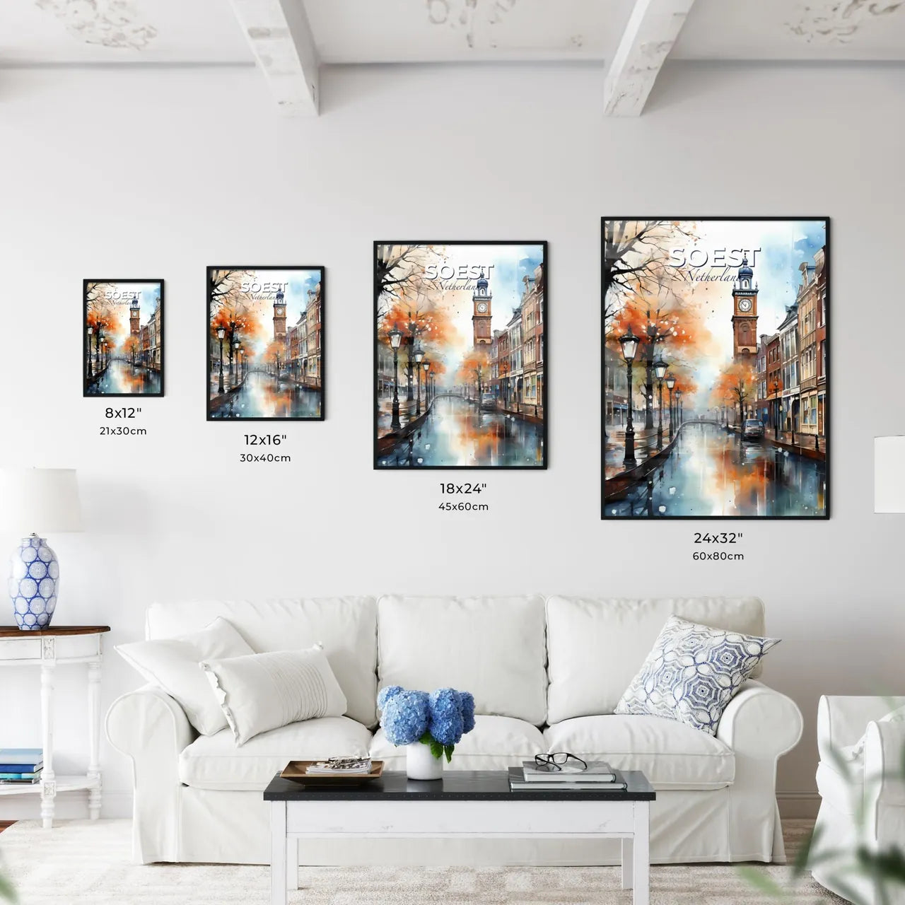 Soest, Netherlands, A Poster of a watercolor painting of a street with a clock tower Default Title