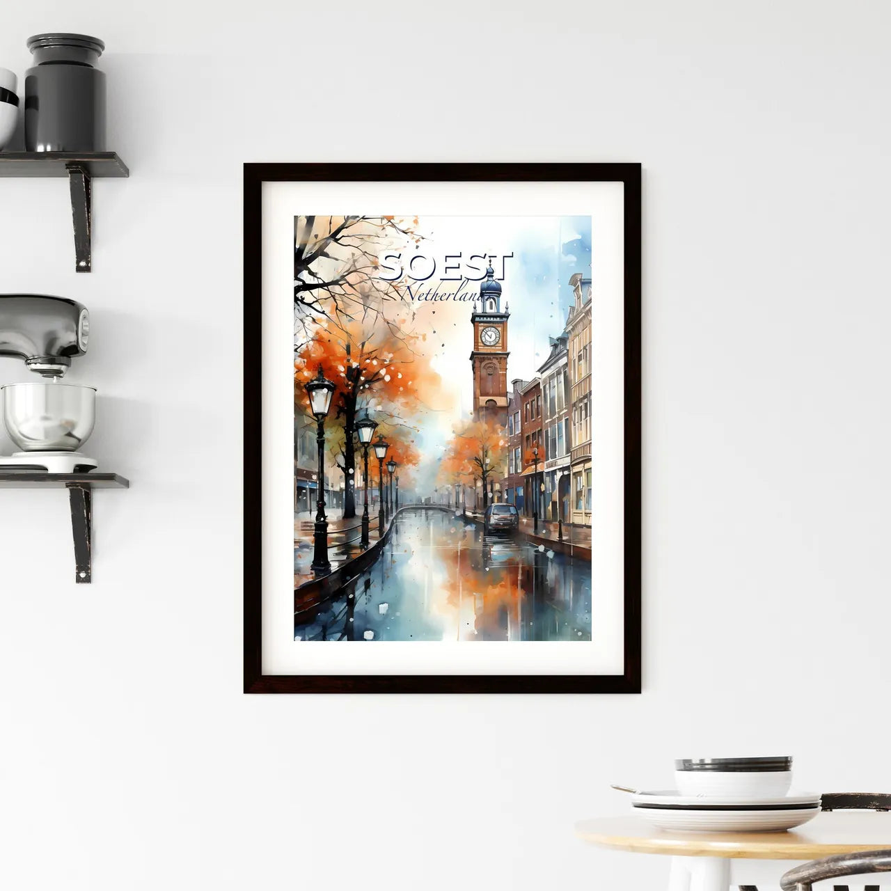 Soest, Netherlands, A Poster of a watercolor painting of a street with a clock tower Default Title