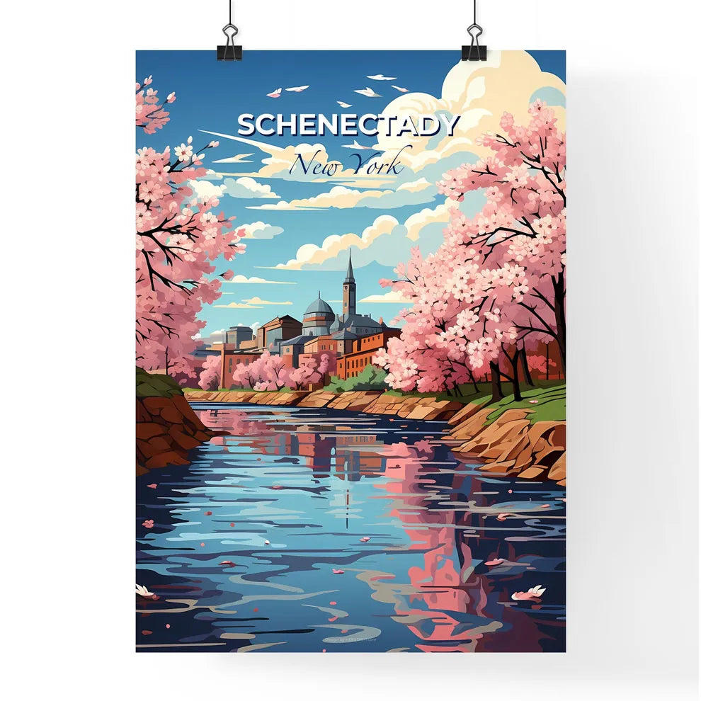 Schenectady, New York, A Poster of a river with pink trees and a building in the background Default Title