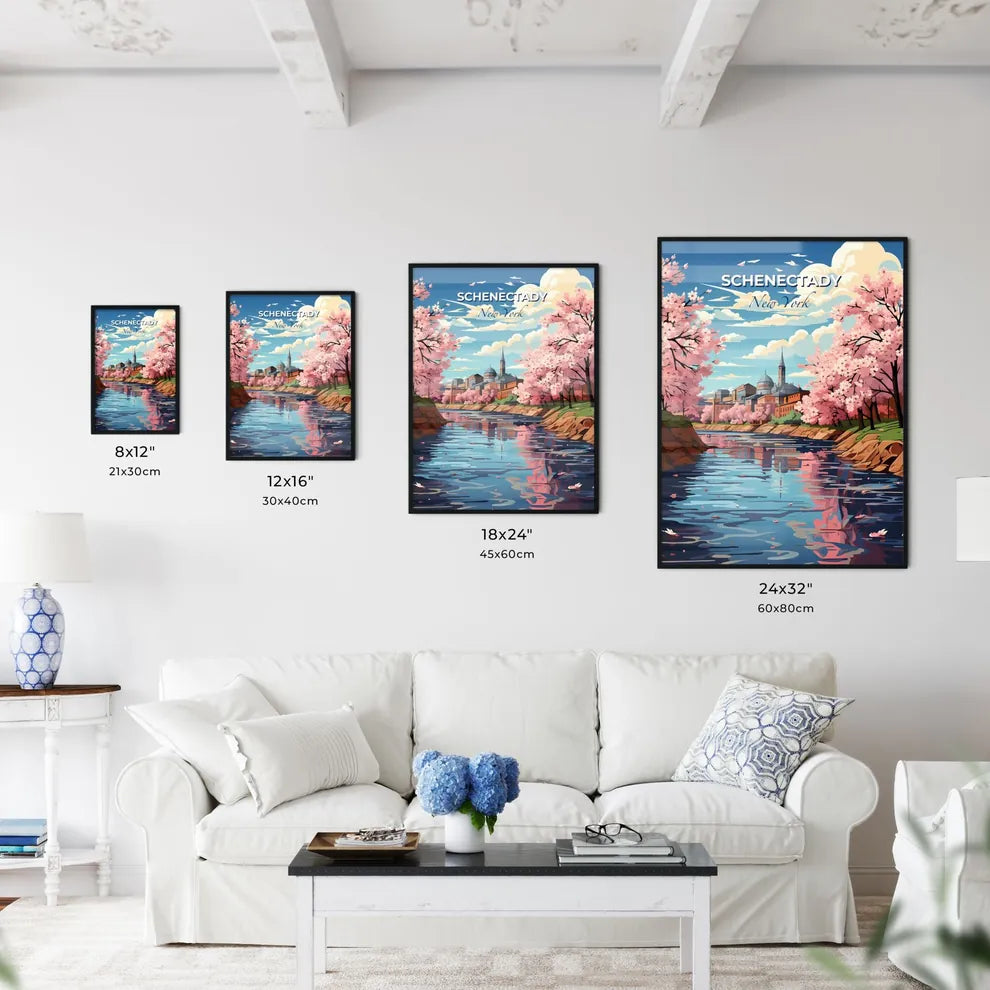 Schenectady, New York, A Poster of a river with pink trees and a building in the background Default Title