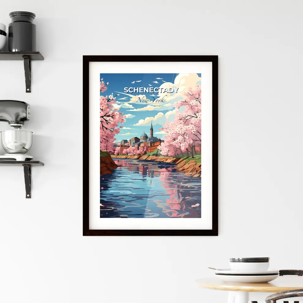 Schenectady, New York, A Poster of a river with pink trees and a building in the background Default Title