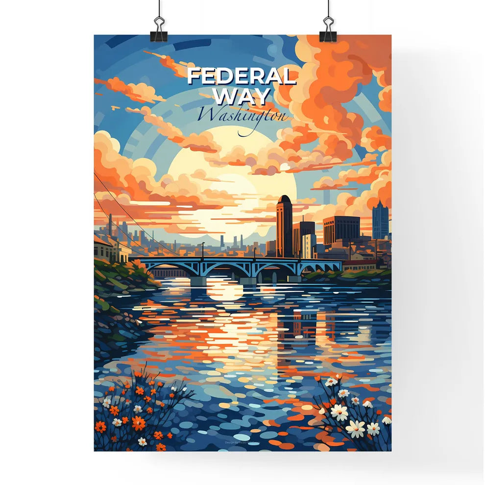 Federal Way, Washington, A Poster of a painting of a city with a bridge over a river Default Title