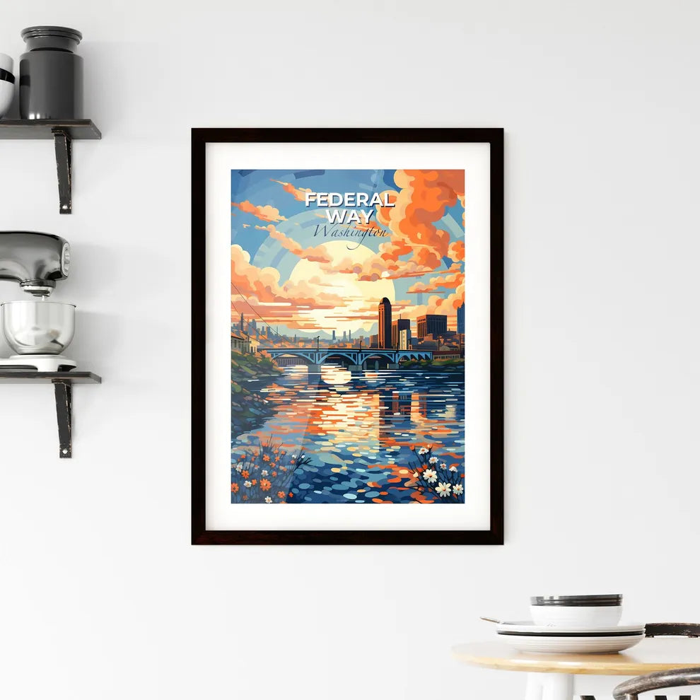 Federal Way, Washington, A Poster of a painting of a city with a bridge over a river Default Title