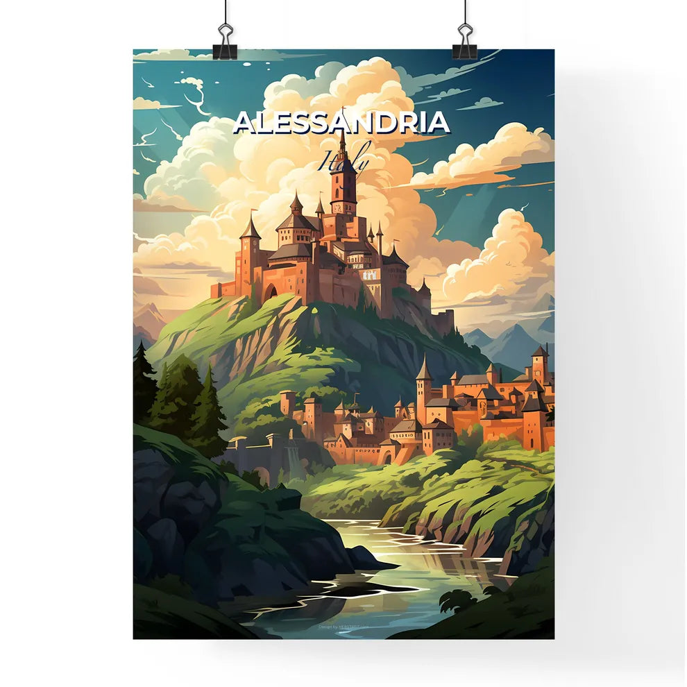 Alessandria, Italy, A Poster of a castle on a hill with a river and trees Default Title