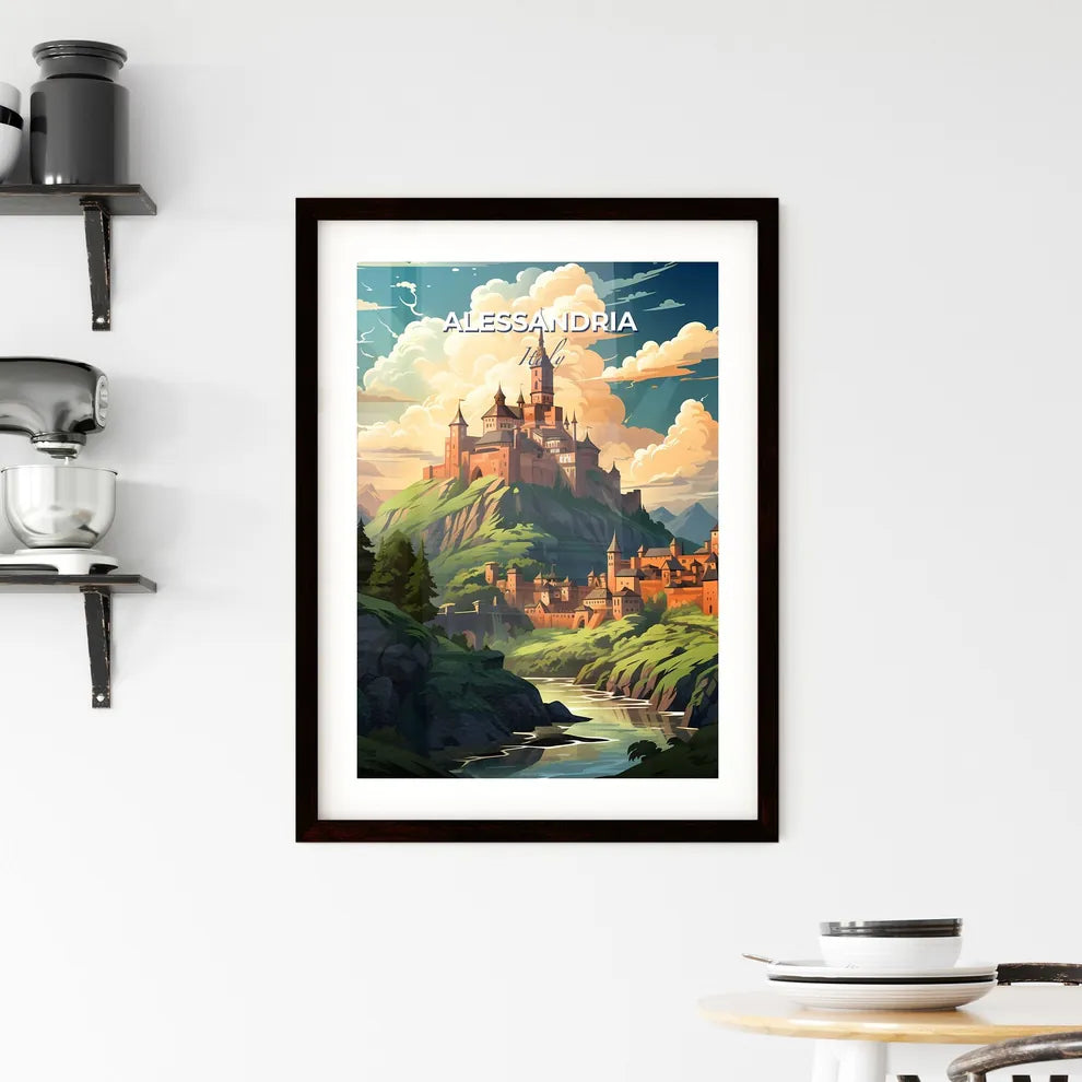 Alessandria, Italy, A Poster of a castle on a hill with a river and trees Default Title