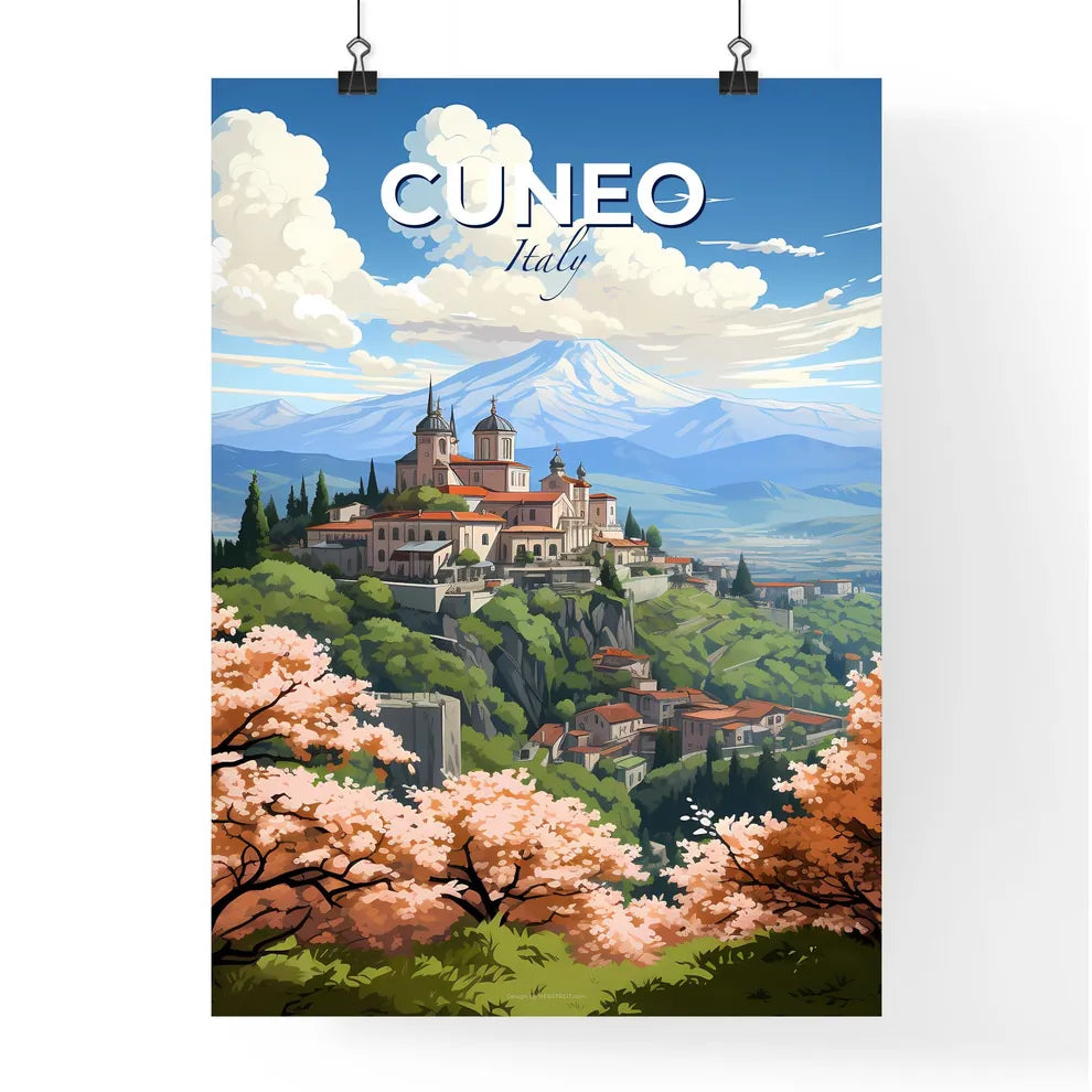 Cuneo, Italy, A Poster of a city on a hill with trees and mountains in the background Default Title