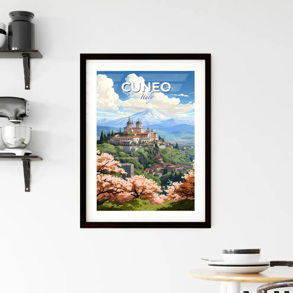 Cuneo, Italy, A Poster of a city on a hill with trees and mountains in the background Default Title