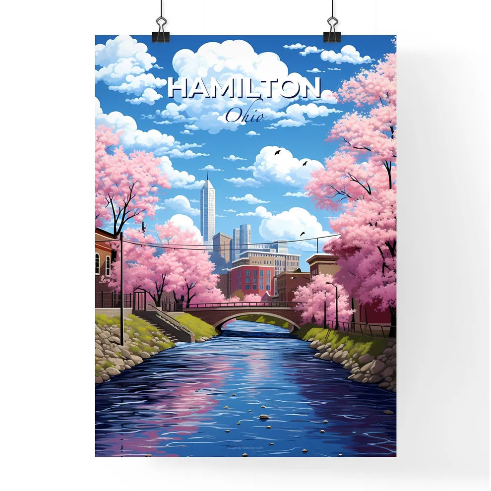 Hamilton, Ohio, A Poster of a river with pink trees and a bridge Default Title