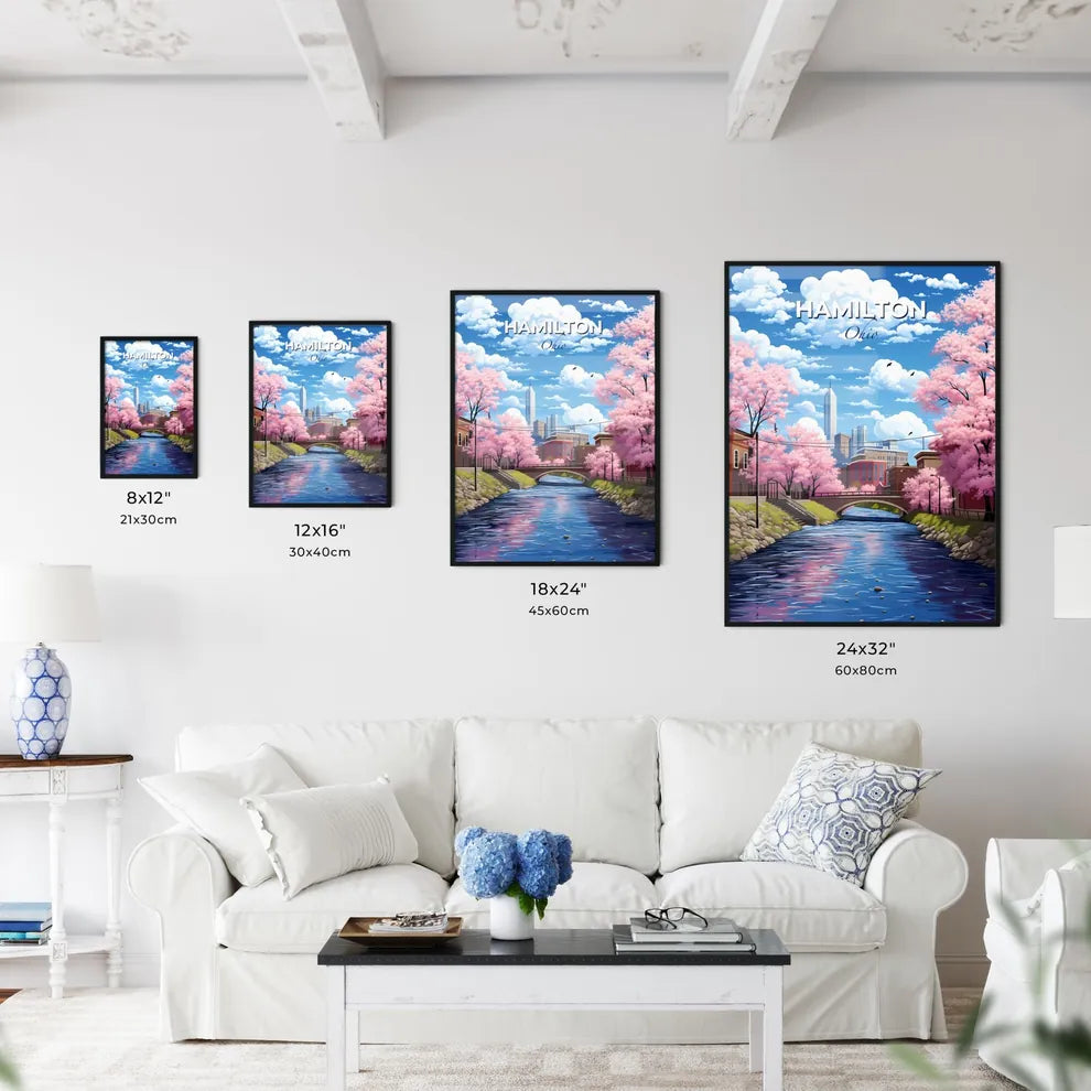 Hamilton, Ohio, A Poster of a river with pink trees and a bridge Default Title