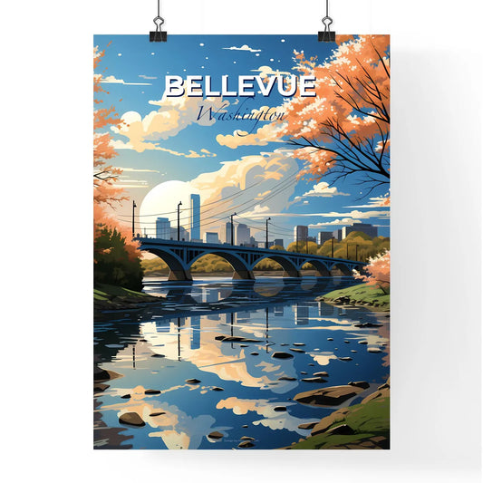 Bellevue, Washington, A Poster of a bridge over a river with trees and a city in the background Default Title