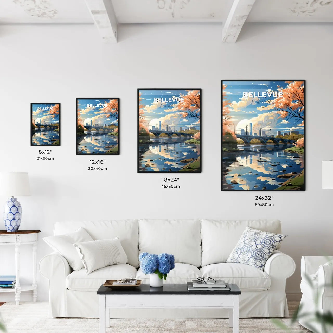 Bellevue, Washington, A Poster of a bridge over a river with trees and a city in the background Default Title
