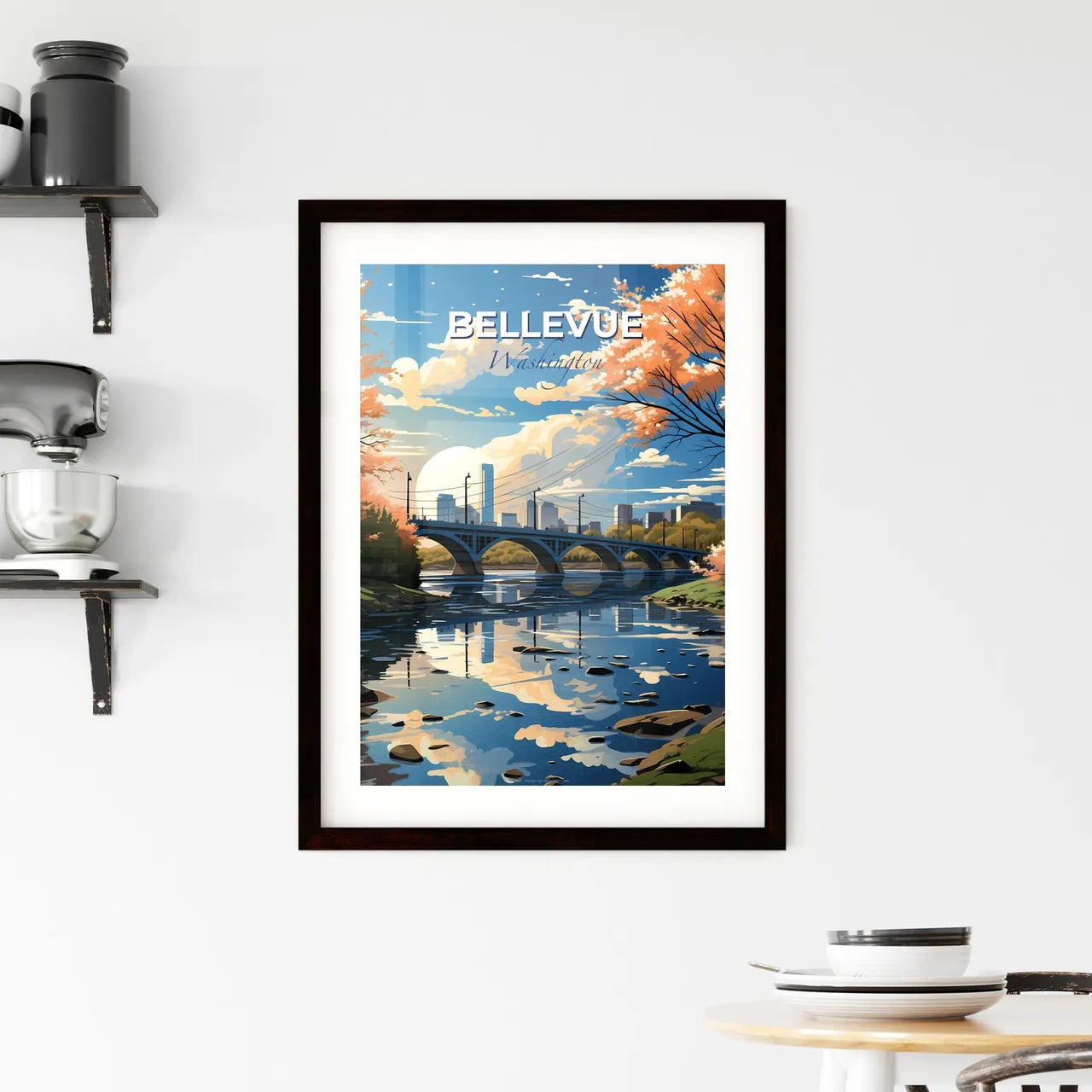 Bellevue, Washington, A Poster of a bridge over a river with trees and a city in the background Default Title