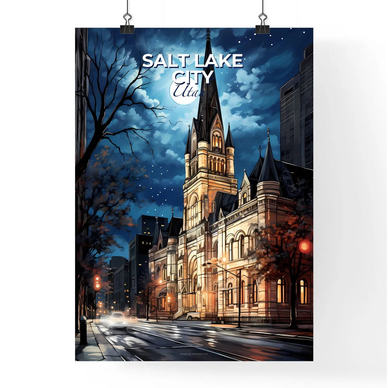 Salt Lake City, Utah, A Poster of a building with a steeple and trees on a street Default Title