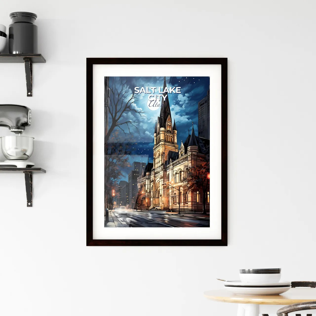 Salt Lake City, Utah, A Poster of a building with a steeple and trees on a street Default Title